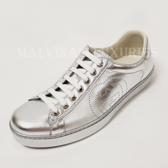 GUCCI SNEAKERS NEW ACE SILVER LEATHER INTERLOCKING G LOGO SHOES 7.5G 8 US - Picture 5 of 14